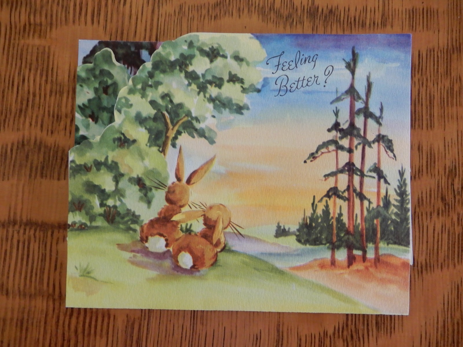 Vintage 40's 50's Used 3D Pop Up Feeling Better Card Woodland Bunnies Fawn