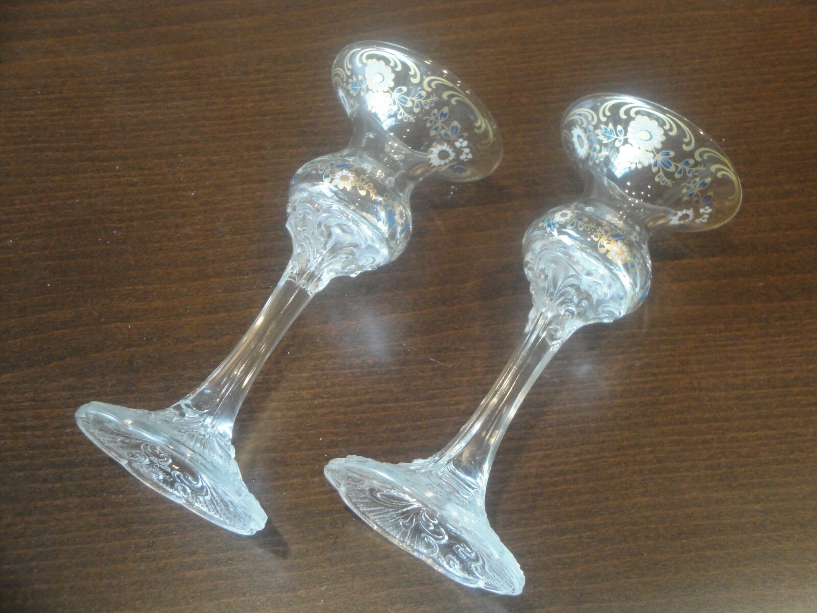 2 ROSENTHAL CRYSTAL CLASSIC ROSE CANDLESTICKS - BLUE GOLD WHITE FLOWERS - 6.25