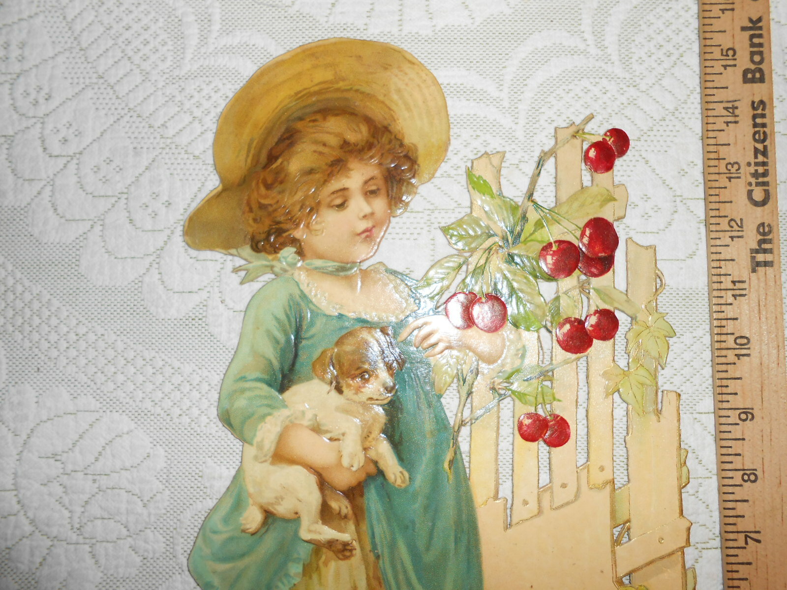 Large 1900 Antique Victorian Die-Cut Sign Little Girl With Puppy Dog NOS