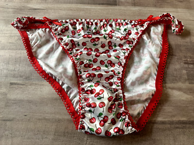 Sz 2XL Handmade Silky White Red Cherries Satin String Bikini Panties Red Trim