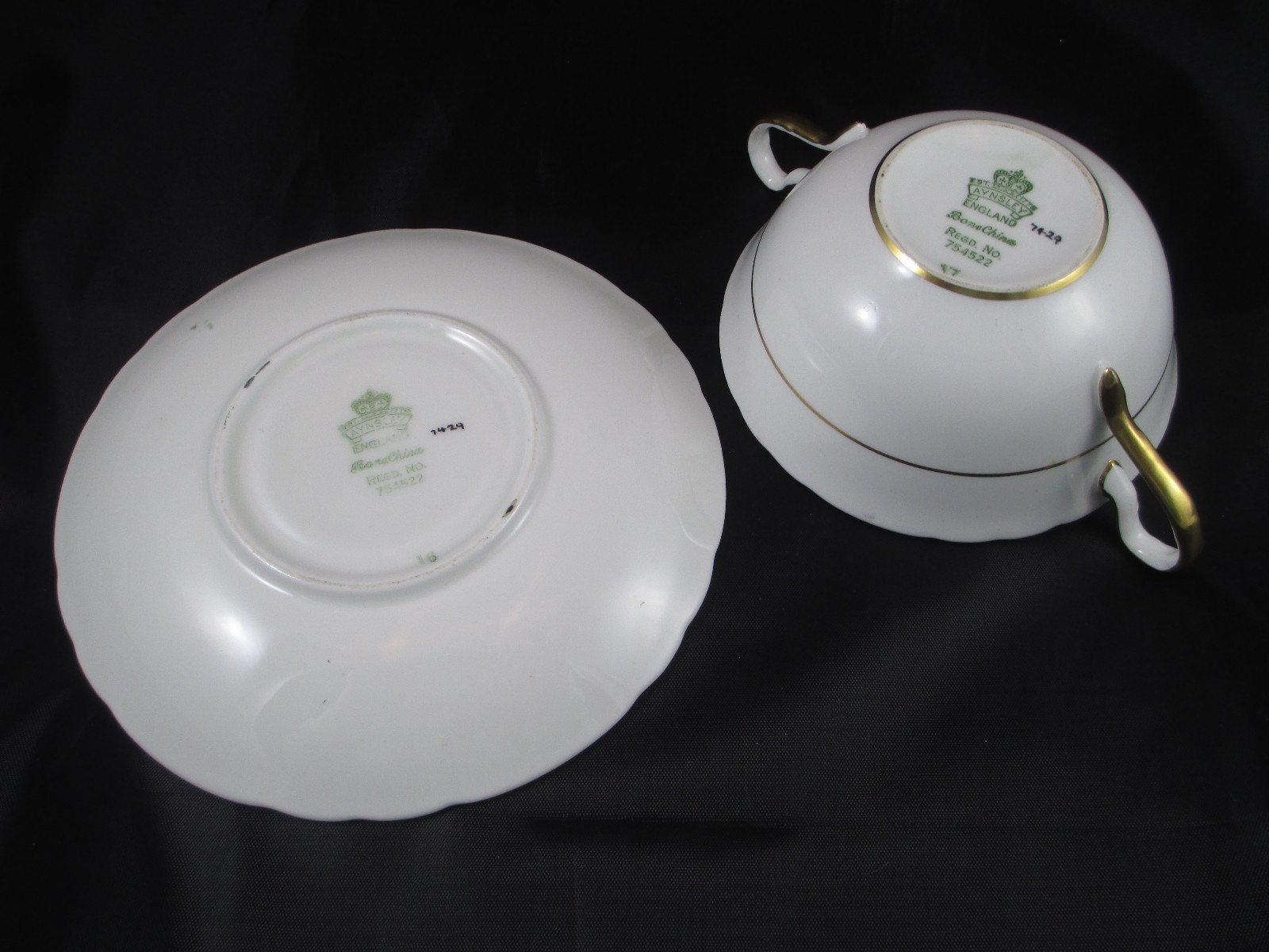 Vintage AYNSLEY Cream Soup and Saucer Teal Aqua Band Floral Center 7429 EUC