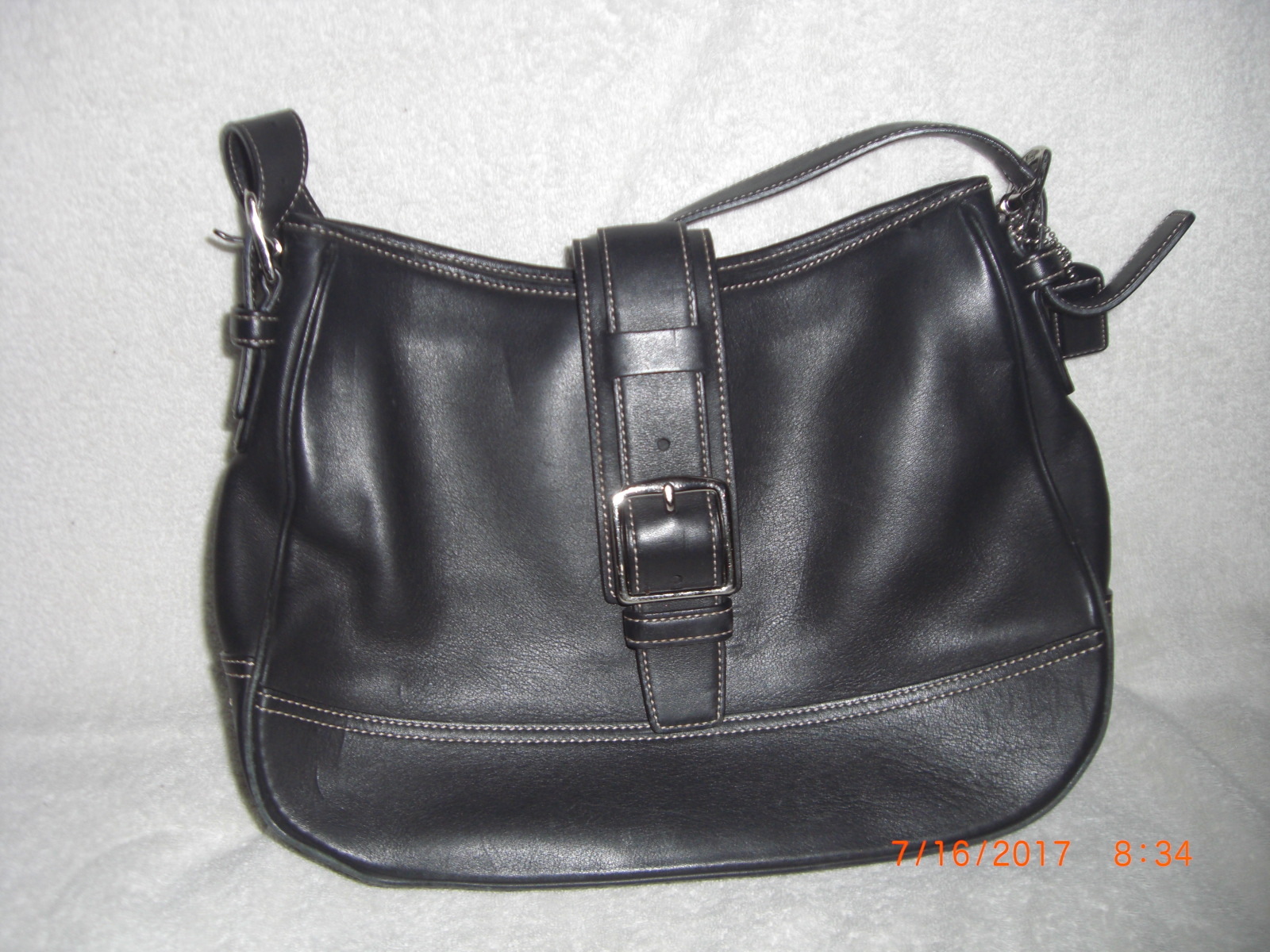 Vintage Coach Black Leather Hampton Hobo Flap Handbag, #7583