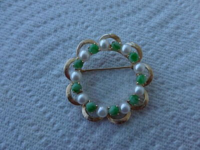 Estate LJ 14K Yellow Gold Pearl and Emerald Cabochon or Jade Brooch 9.7 Grams