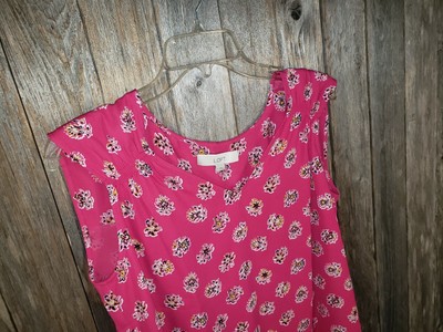 NEW Loft S Women's V Neck Pink Floral Smocked Trim Shell  Top Blouse Sleeveless