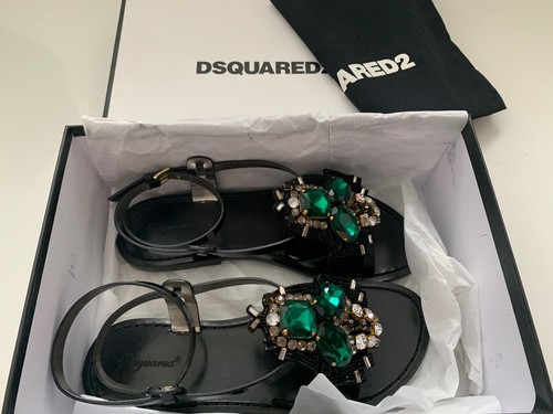 Pre-owned Dsquared2 6.5 7.5 Jeweled Black Patent Leather Ankle Strap Flat Sandals $890