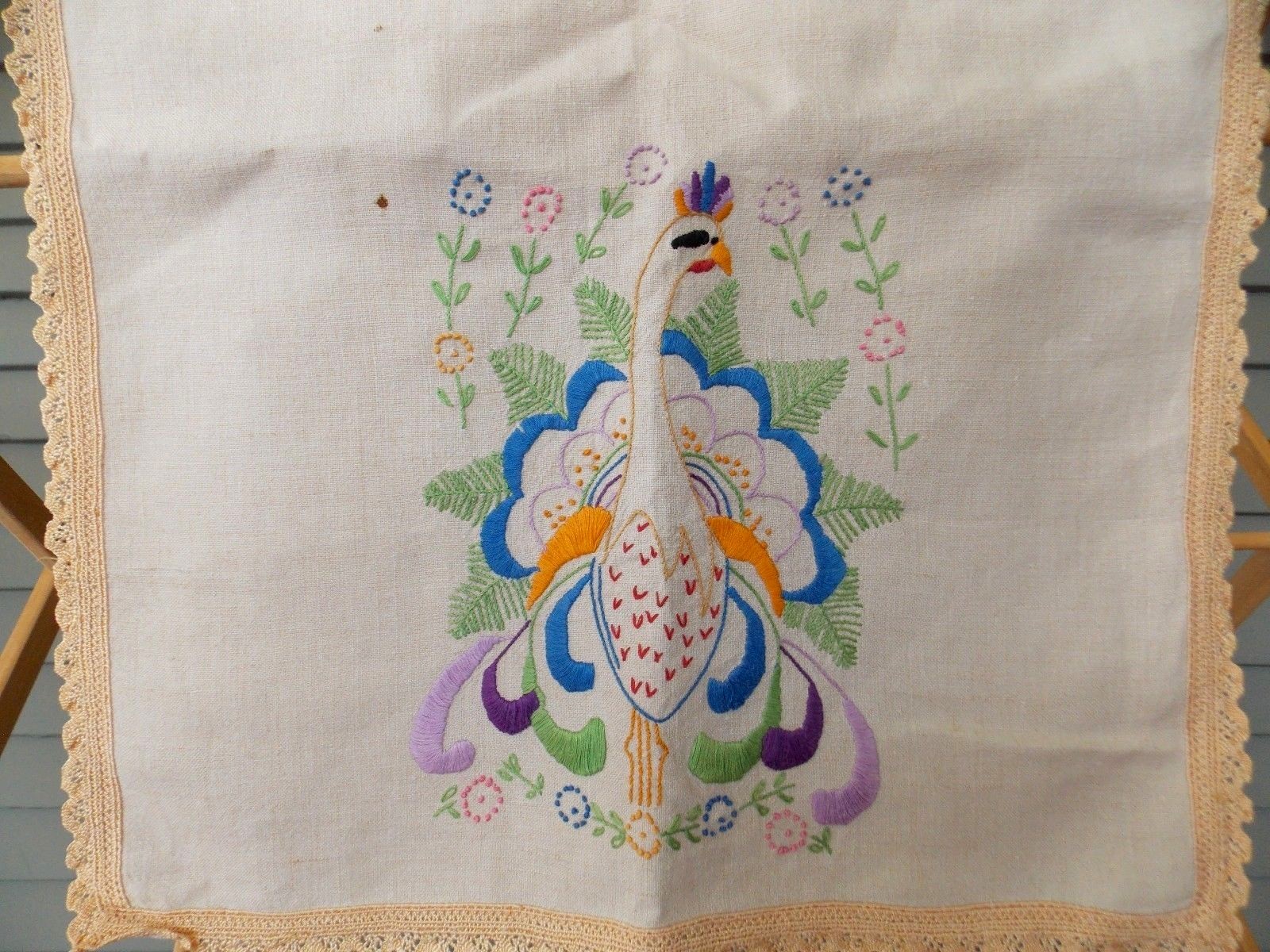 Vintage Dresser Scarf Table Runner Doily Bird Peacock Flowers Crochet Trim #181