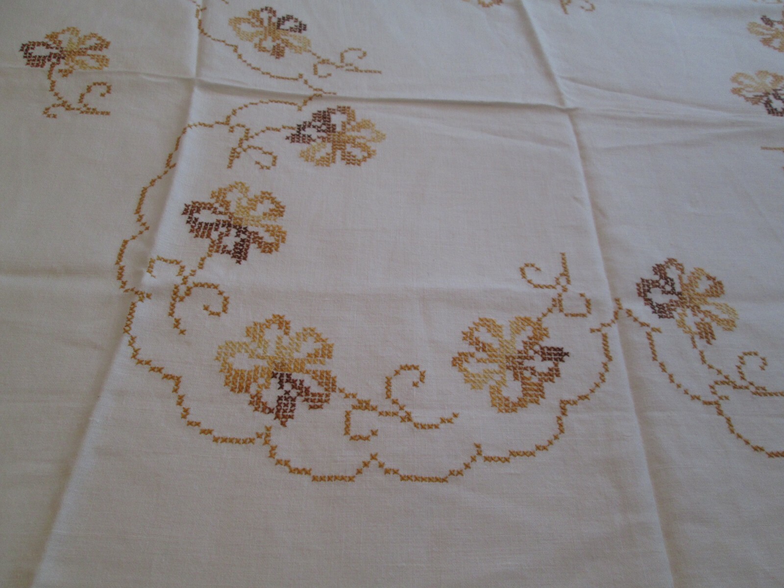 Vintage Cloth TableCloth  Linen Hand Cross Stitch Floral Gold Brown Tan Wheat
