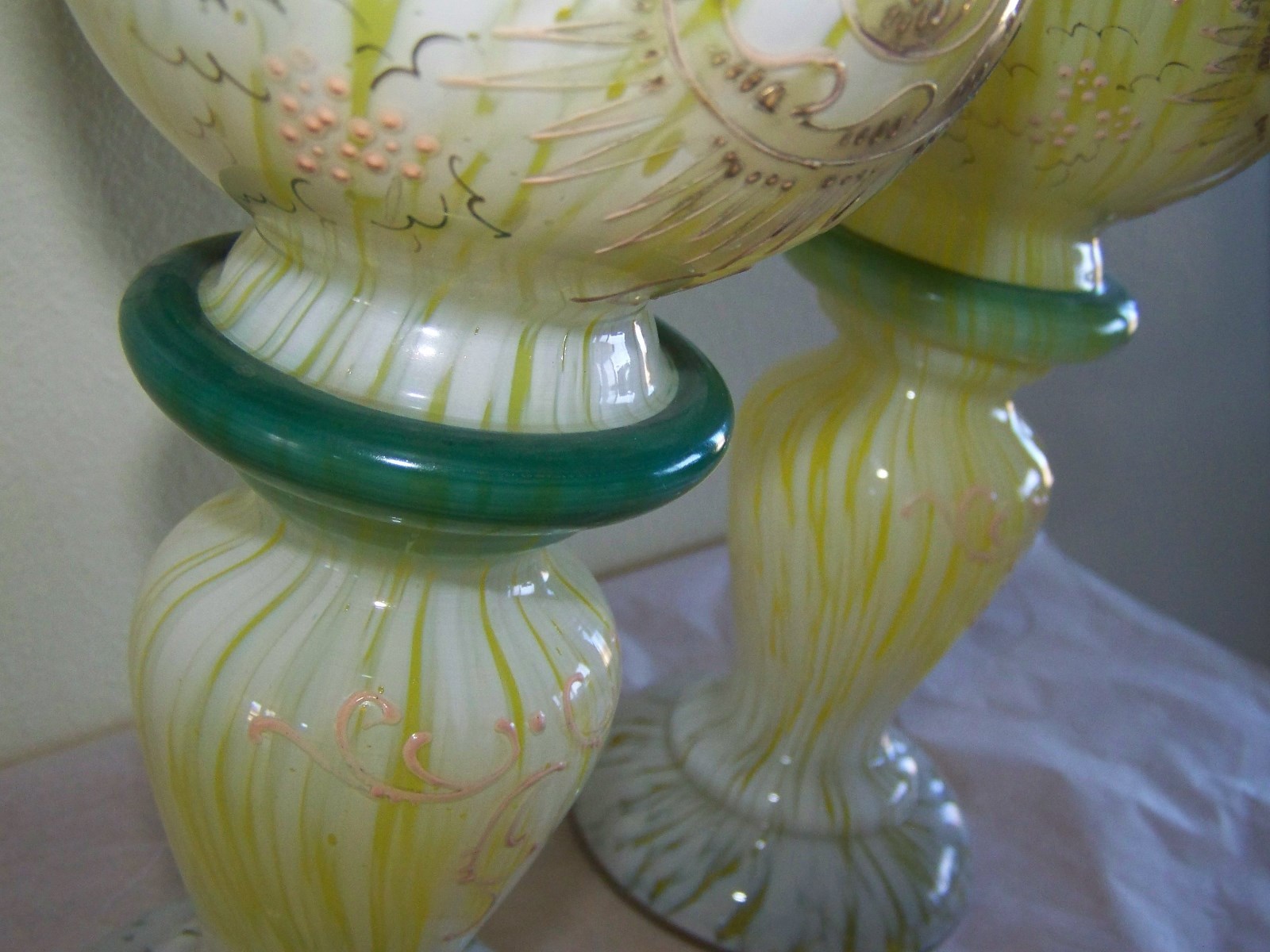 Vintage Or Antique Spatter Glass Vases With Enamel Paint Design