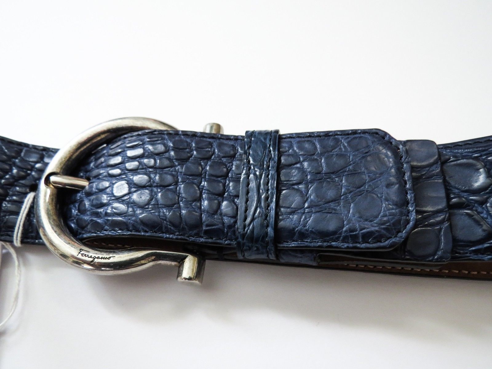 Pre-owned Ferragamo Salvatore  Wide Adjustable Blue Crocodile Gancini Belt Size 38 Us 95 Cm