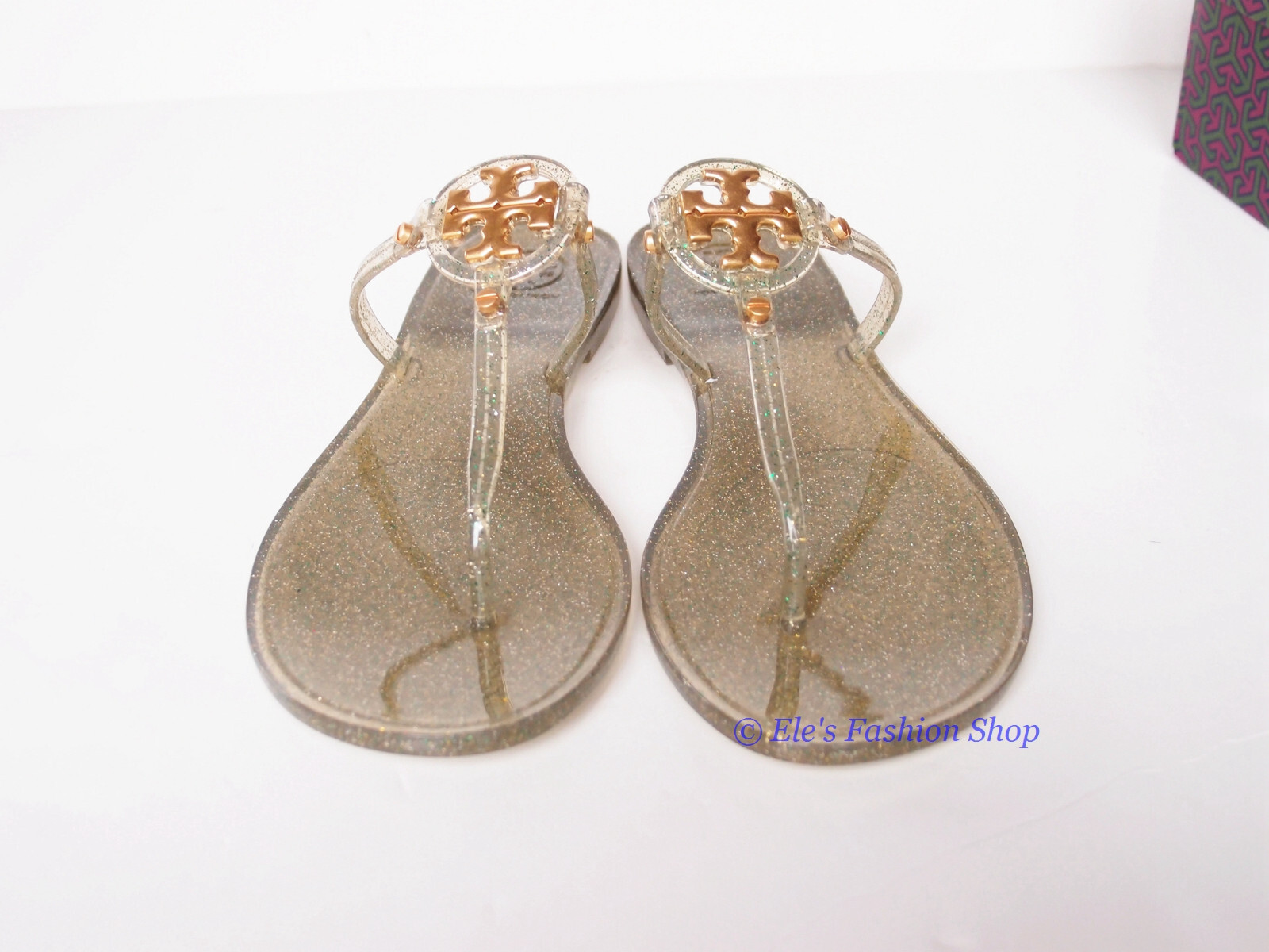 Pre-owned Tory Burch In Box  Mini Miller Jelly Thong Sandals Green Silver Gold Us 7