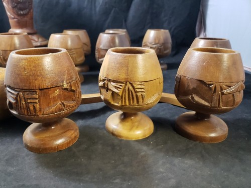 Vtg TIKI WOODEN 10 CUP SERVING PUNCH BOWL cups & LADLE Bonus carved Vase