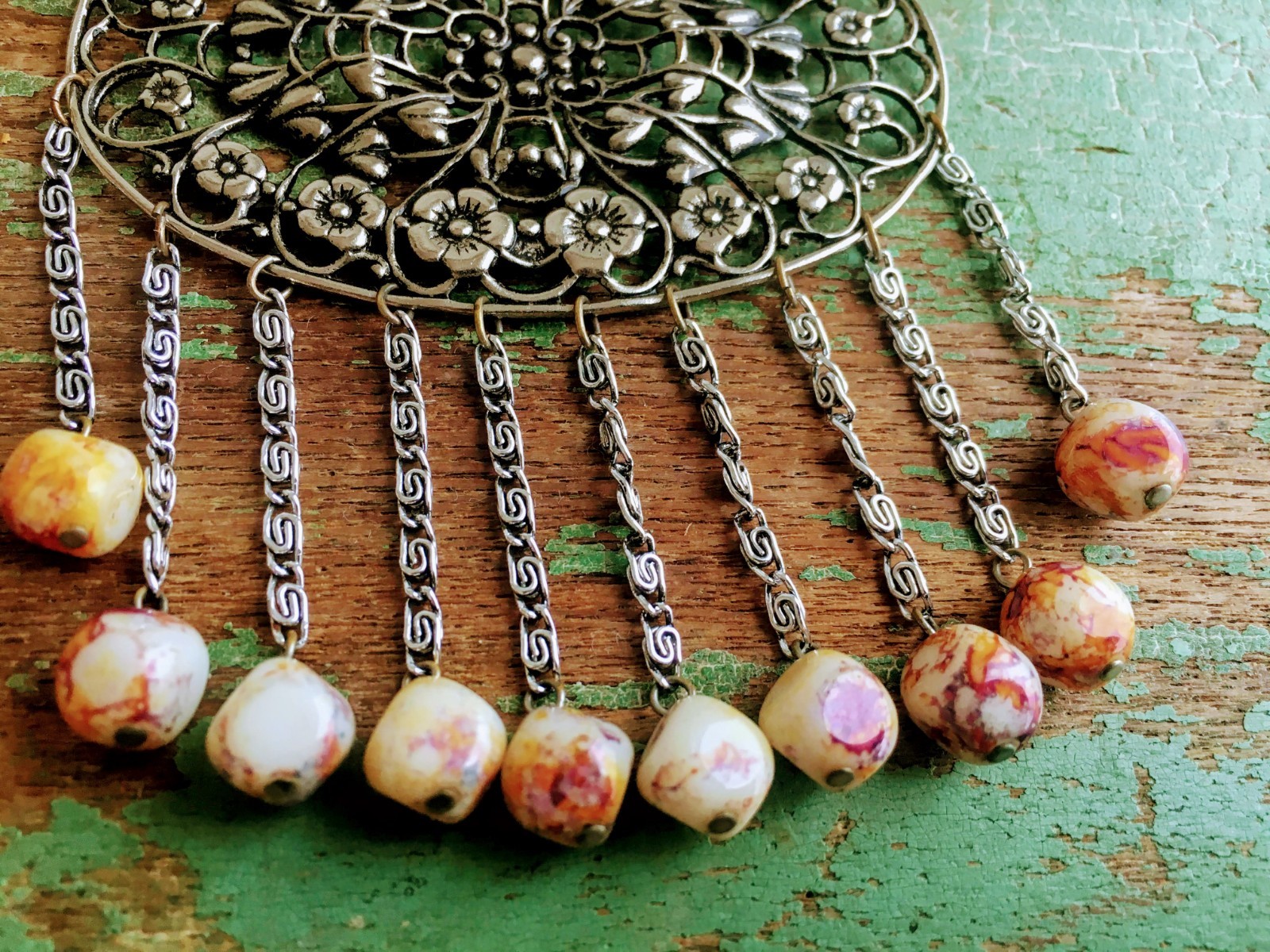 Vintage Art Deco Revival Floral Pendant With Glass Dangle Beads Silver tone