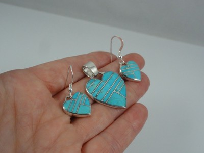 Sterling Silver Turquoise Inlay Heart Earrings & Pendant Set New