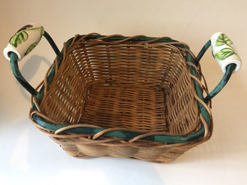 Set Of 2- Wicker Baskets-Ceramic Apple Handles-Green-Vintage-Storage