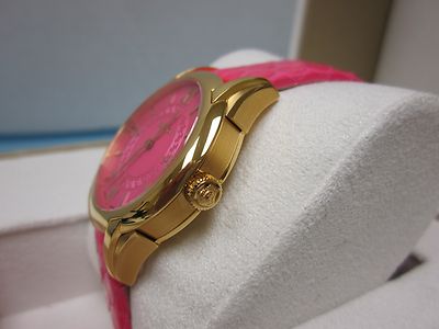 Pre-owned Versace Women's Vff070013 Dafne Rose Gold Ion Plated Fuchsia Leather Wristwatch In Pale Violet Red