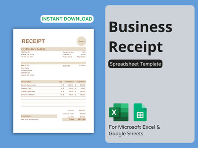 Business Receipt Template - Easy to Use Microsoft Excel & Google Sheets Template