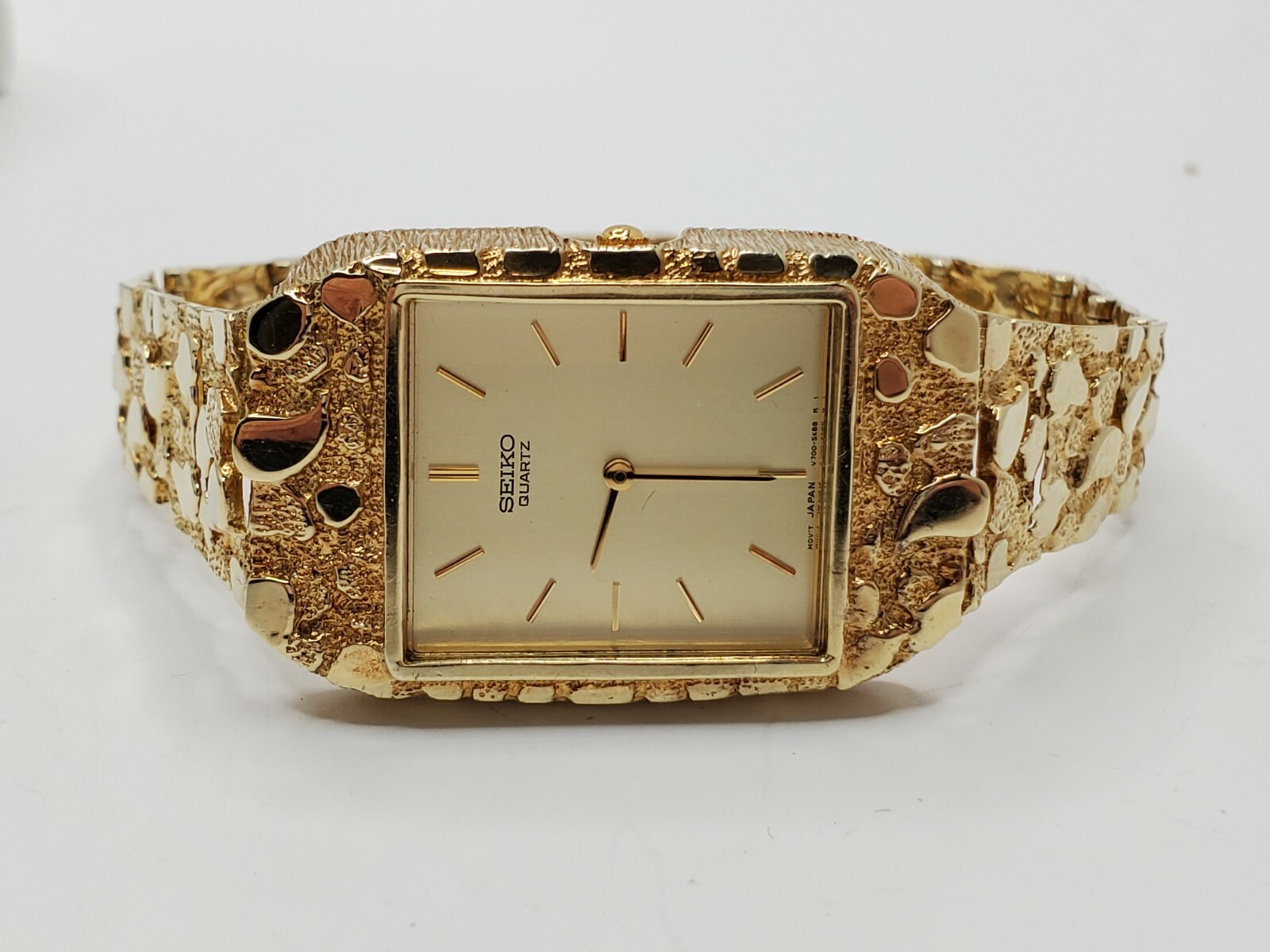 Mens 10k Solid Yellow Gold Nugget Seiko Quartz Watch Vintage 7.5" Long