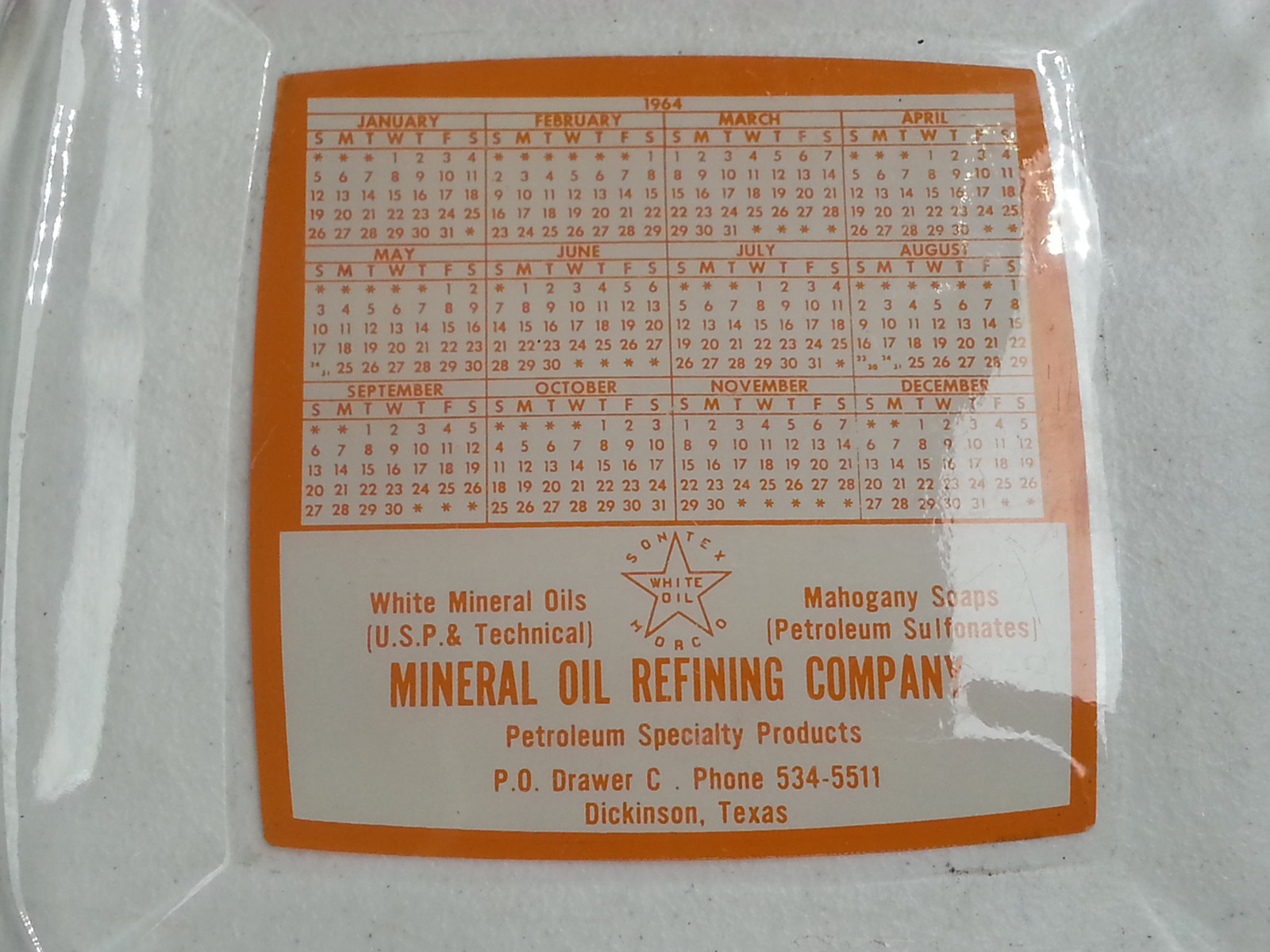Vintage 1964 glass ashtray MINERAL OIL REFINING COMPANY Dickinson Texas NICE!