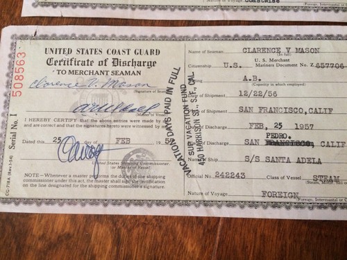 3 1956 U.S. Coast Guard Certificate of Discharge Merchant Seaman Steam Vessels