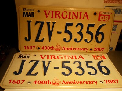 PAIR 2 State of Virginia License Plate 400th Anniversary Expired 3/2008 JZV-5356