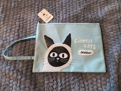 Young Fashion Siamese Cats NWT Meow Blue Zippered Pouch Case Makeup Pencils New