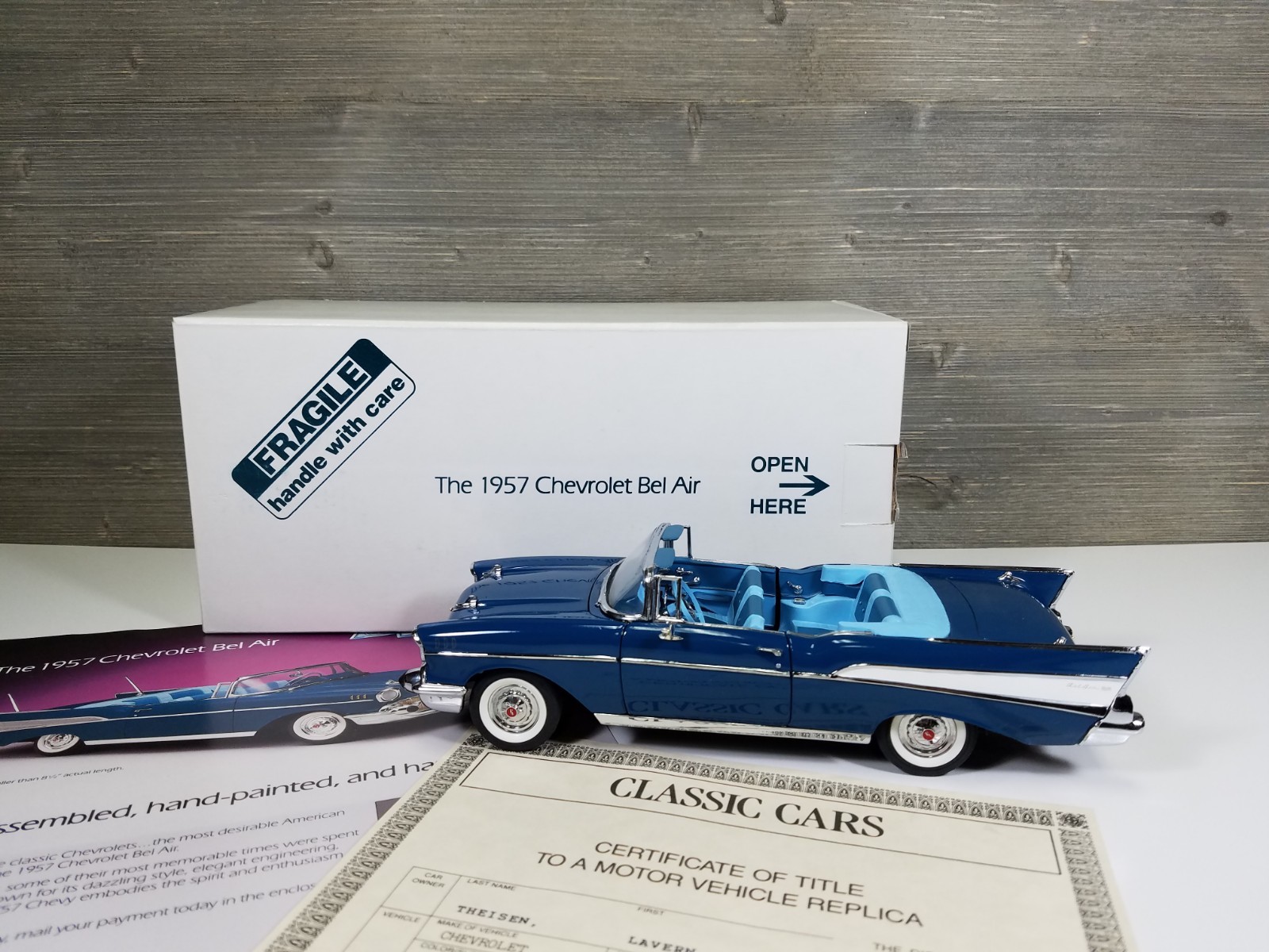 Danbury Mint 1957 Chevrolet BelAir Conv w/Box, COA & Flyer - 1:24 Die Cast Car