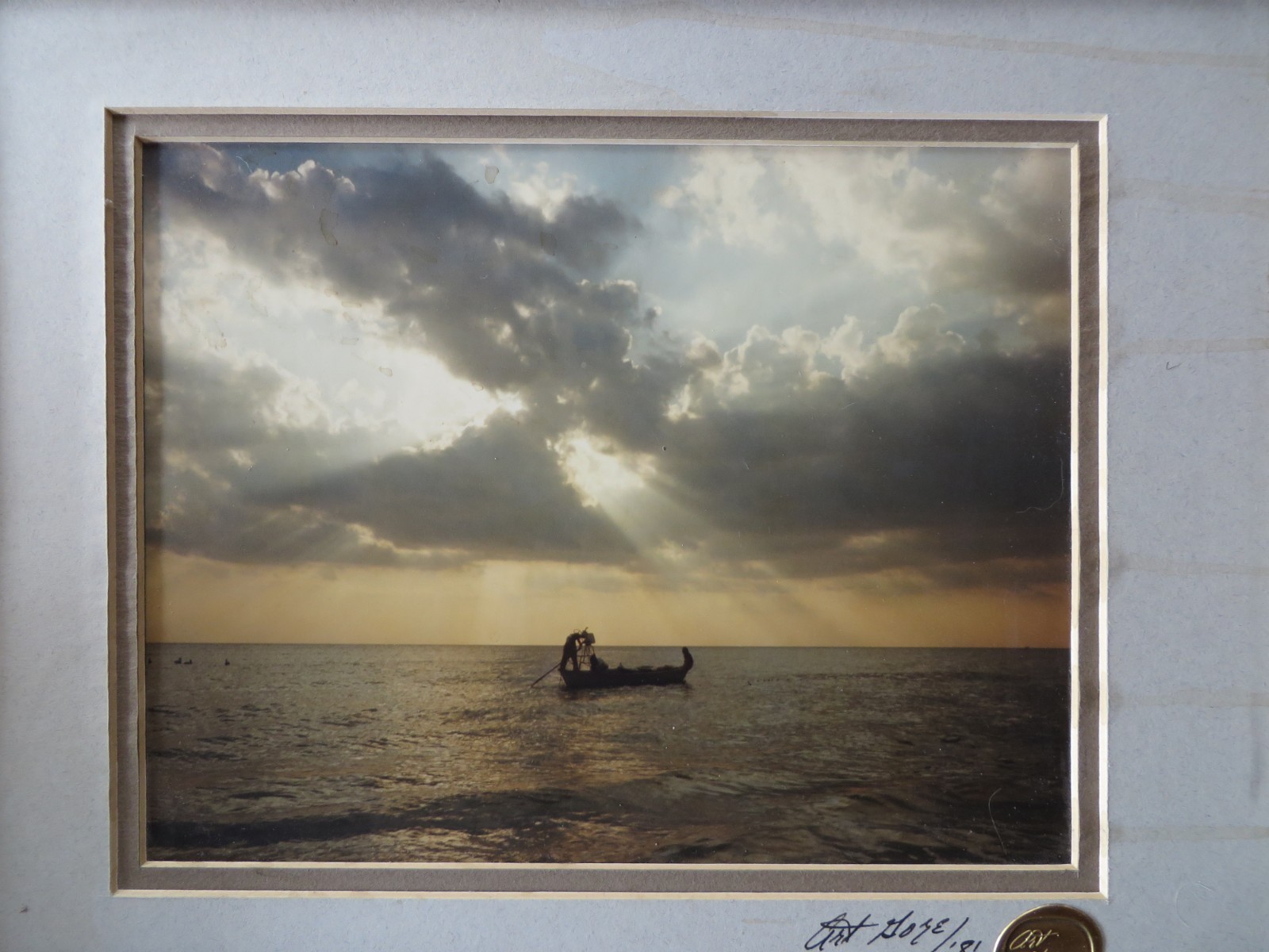 Art Gore Photograph Art Original Signed Natural Wood Frame Lake Boat Fisherman