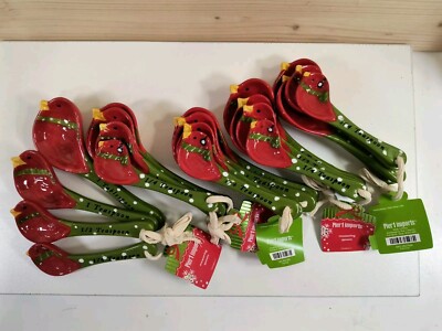 Pier 1 One CHRISTMAS Red Cardinal Bird Ceramic 4 Measuring Spoons Set NOS NWT !!