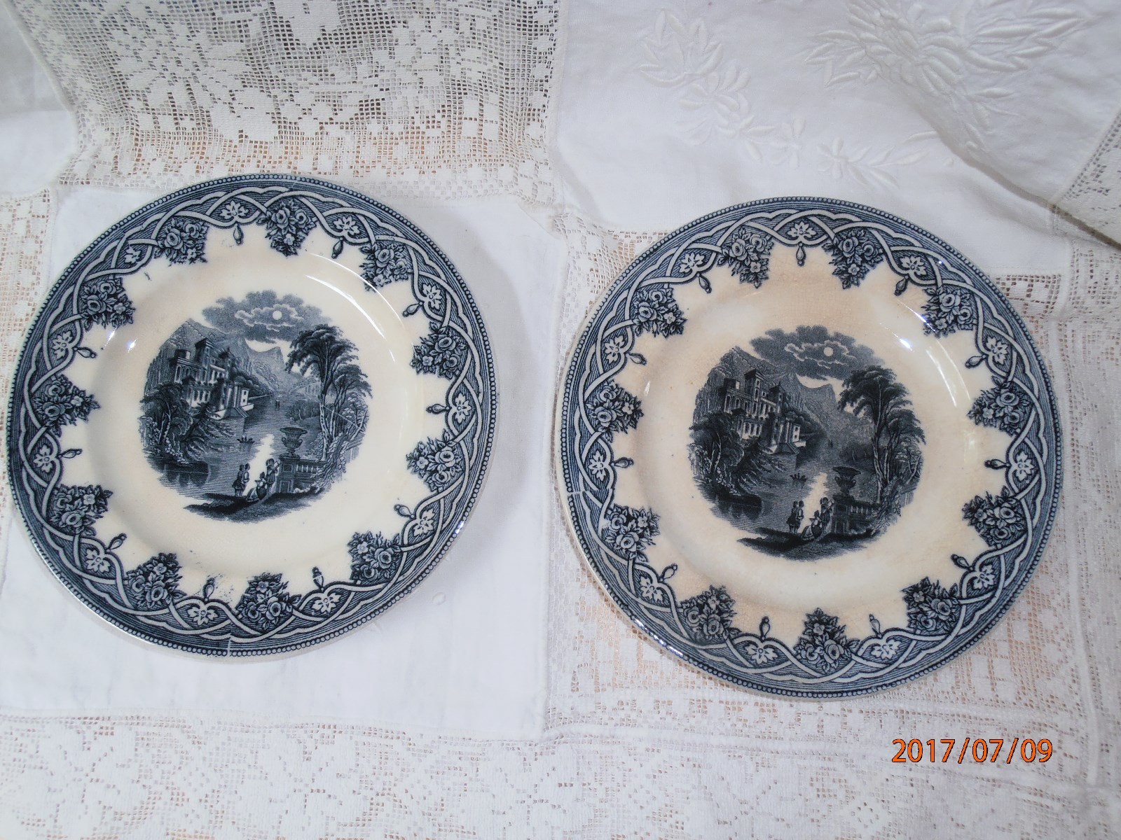 2 Antique Vintage Blue Transferware Plates Salad 7 3/4