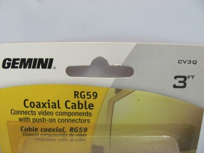 Qty Of 2 Gemini RG59 Push On Quick Connect 3 Ft Coaxial Cable Black COAX 3' CV3Q