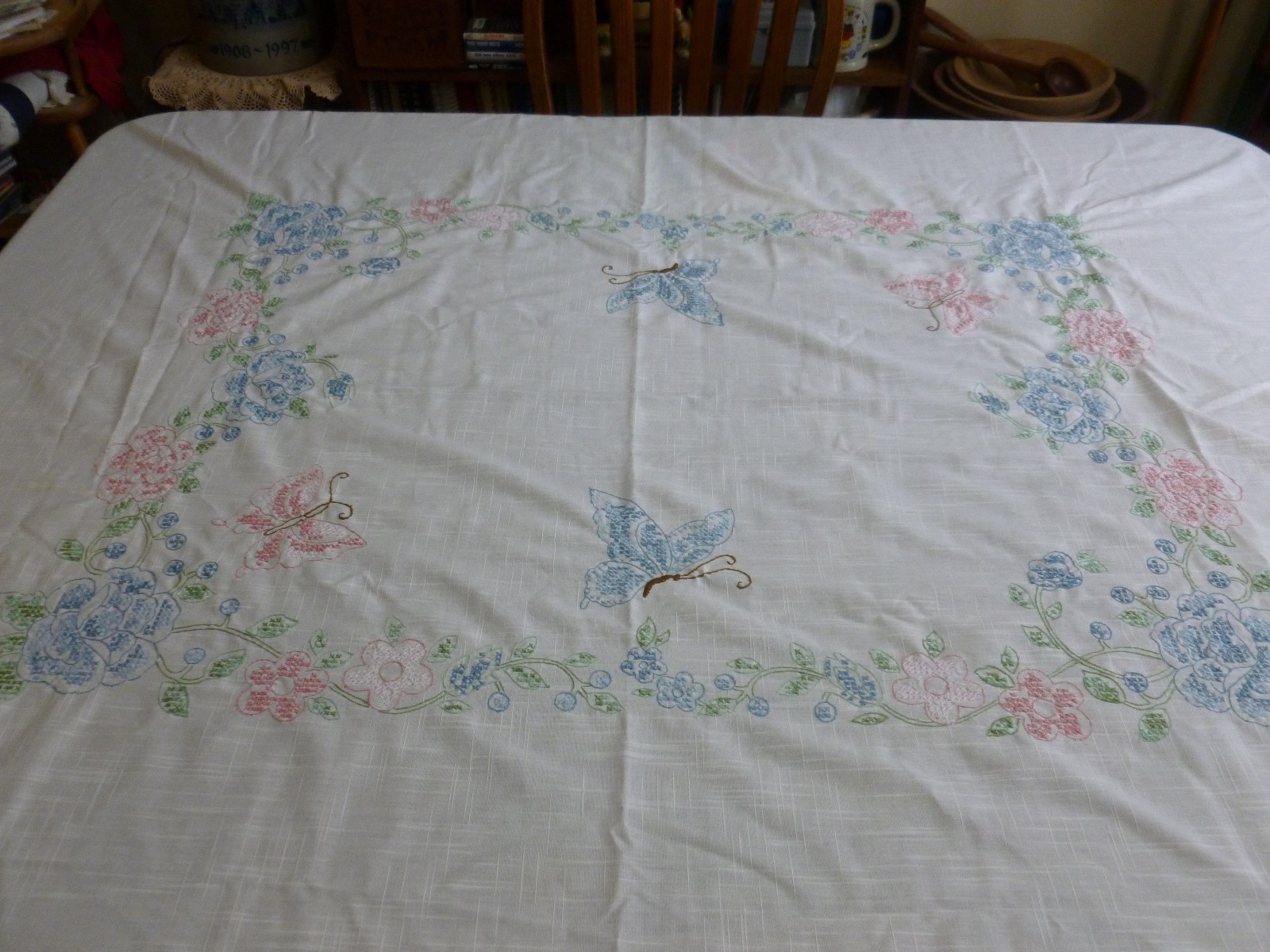 Vintage Embroidered Tablecloth Butterflies Flowers Spring  Large 75