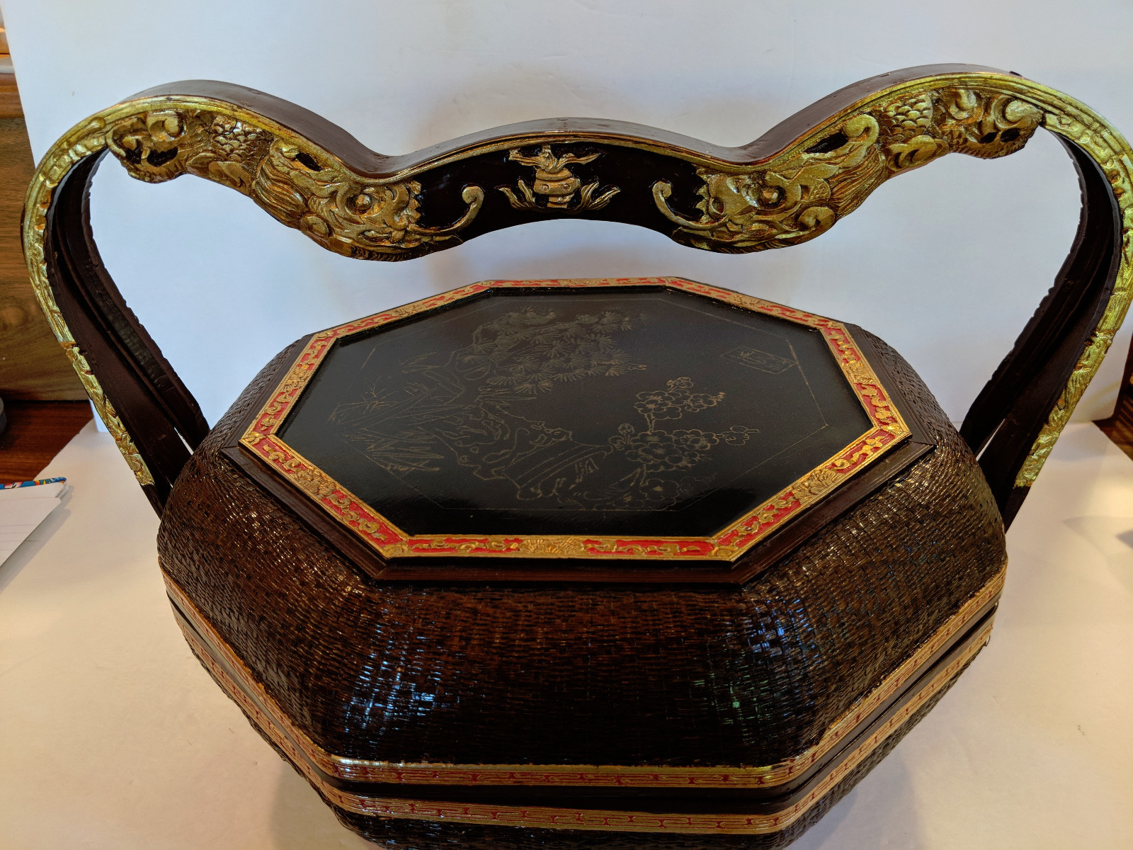 Vintage Maitland Smith Octagonal Wood and Wicker Asian Wedding/Dowry Box