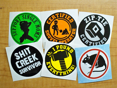 6-pack Funny Hard Hat Stickers | Single Moms Shovel Operator Zip-Tie Sh*t Creek