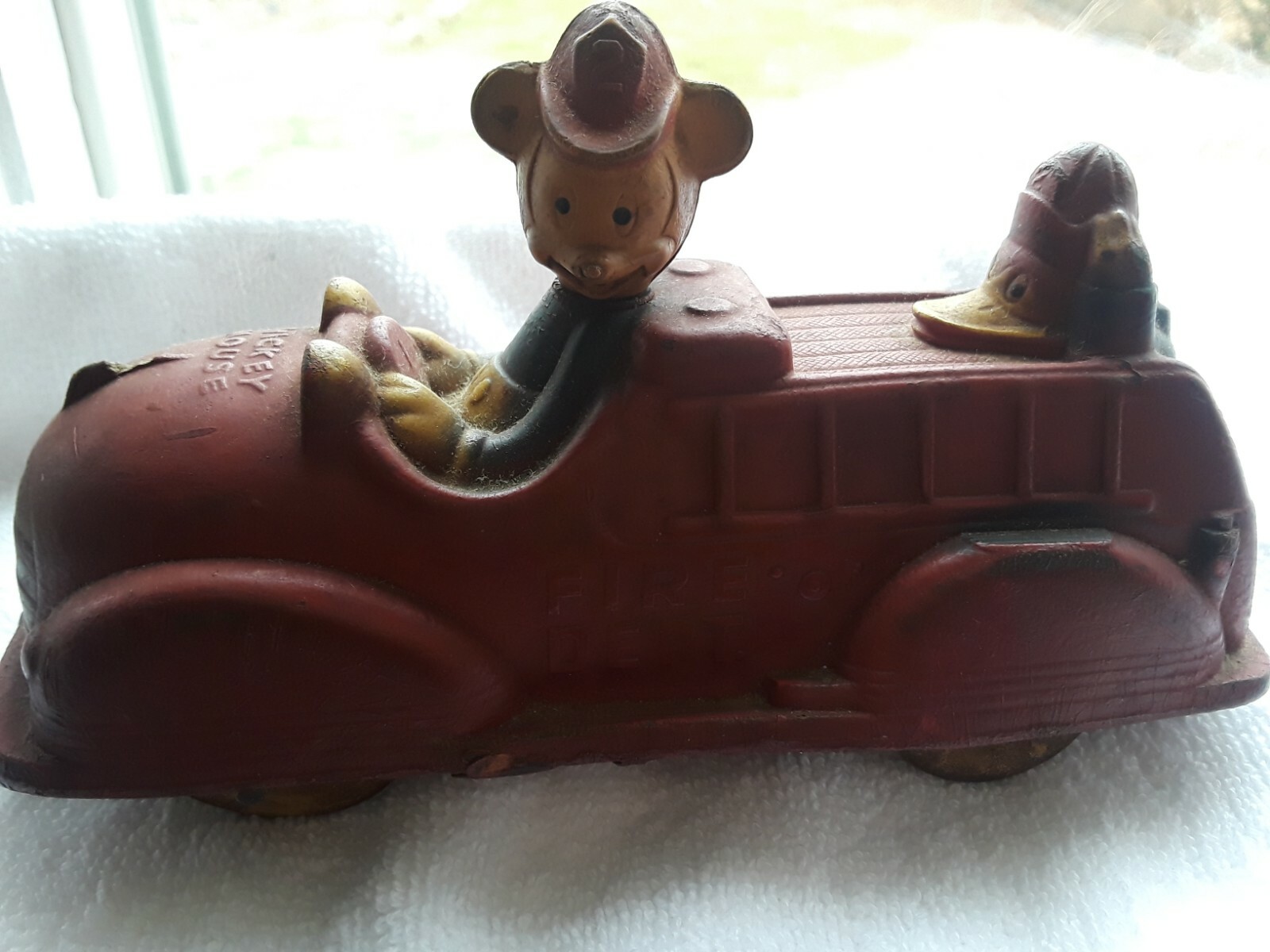 Vintage 1930s Sun Rubber Co Mickey Mouse Fire Truck w Porky Pig n Donald Duck