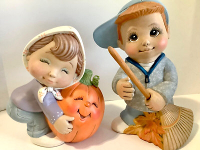 Figurines Autumn Ceramic Boy & Girl TWO (2) pc SET Hand Painted 6.5 in ADORABLE
