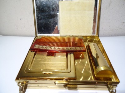 VINTAGE ANTIQUE COMPACT PURSE DRAMA MASK COMEDY TRAGEDY BRASS TONE PEARLS ENAMEL