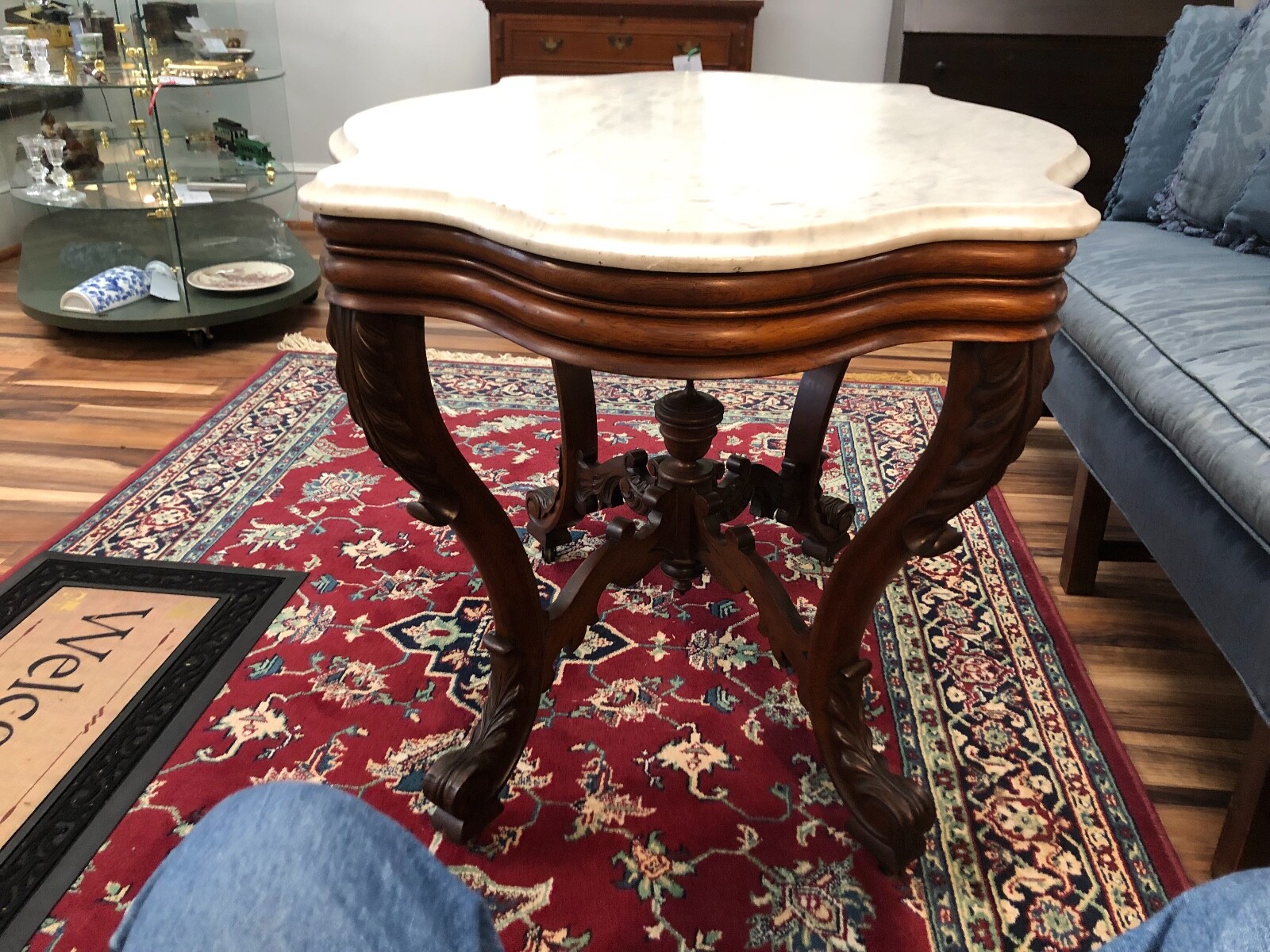 Exquisite 1890s Turtle Marble-Top Walnut Table