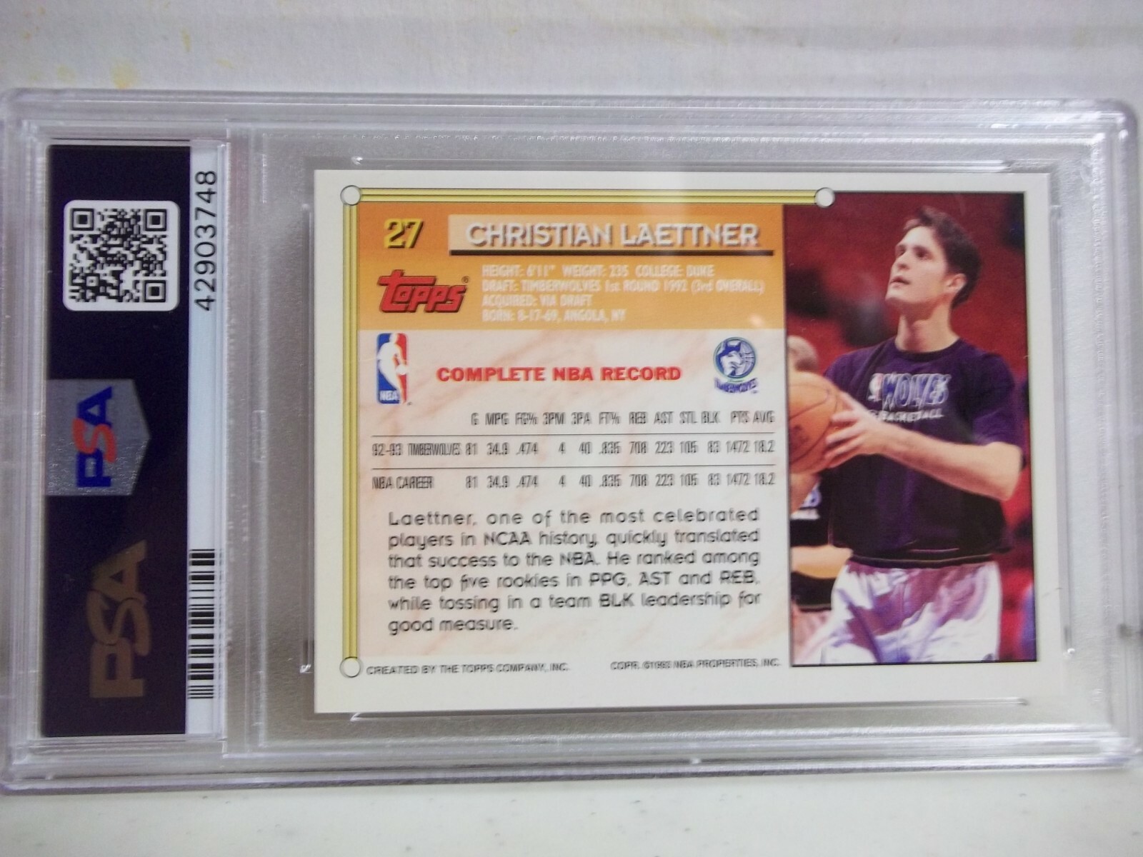 1993 Topps Gold Christian Laettner PSA NM-MT 8 Basketball Card #27 NBA