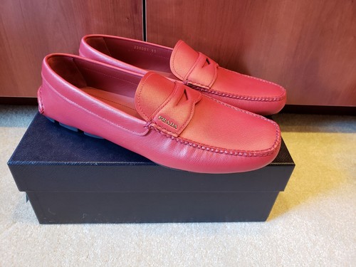 Pre-owned Prada 100% Authentic  Saffiano Leather Driving Moccasins Shoes Size 11 (12 Us) In Red