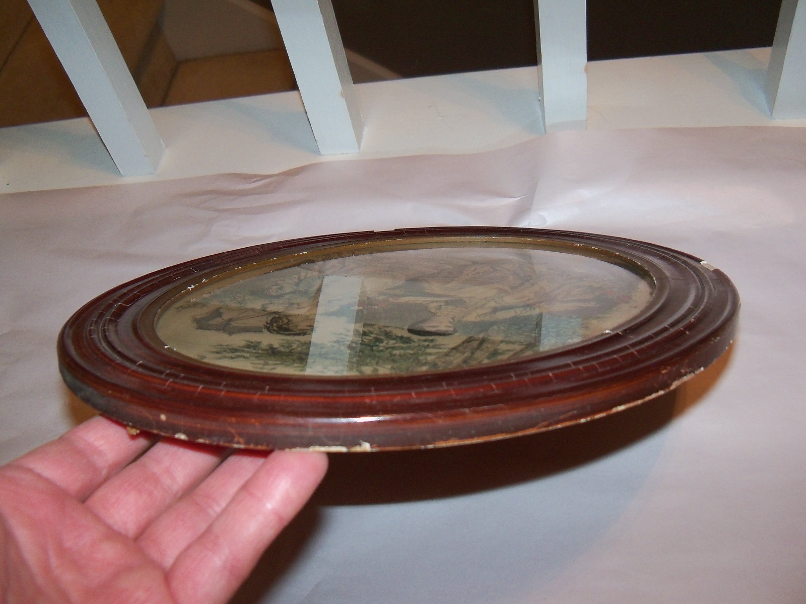 Antique Oval Wood PICTURE FRAME w/Vintage La Mode Illustree PRINT Gilguin Paris