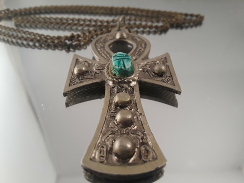 EGYPTIAN REVIVAL BLUE/GREEN SCARAB  NECKLACE SILVER TONE 24 inch long