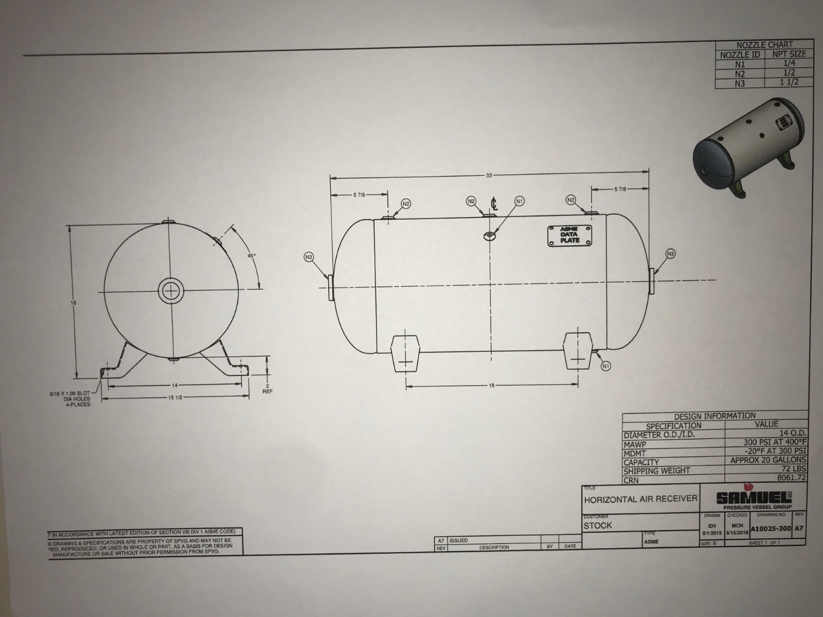 *NEW 20 GALLON HORIZONTAL AIR RECEIVER TANK 300 PSI WITH FEET A10025-300