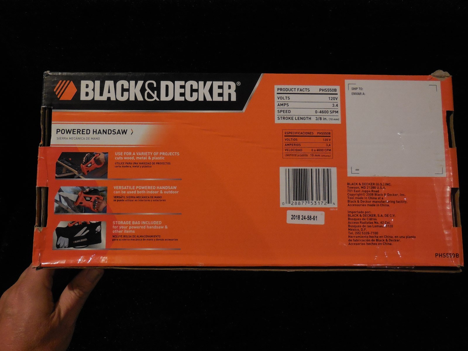 USED ONCE !! BLACK & DECKER PHS550B POWERED HANDSAW / CUTS WOOD, METAL & PLASTIC