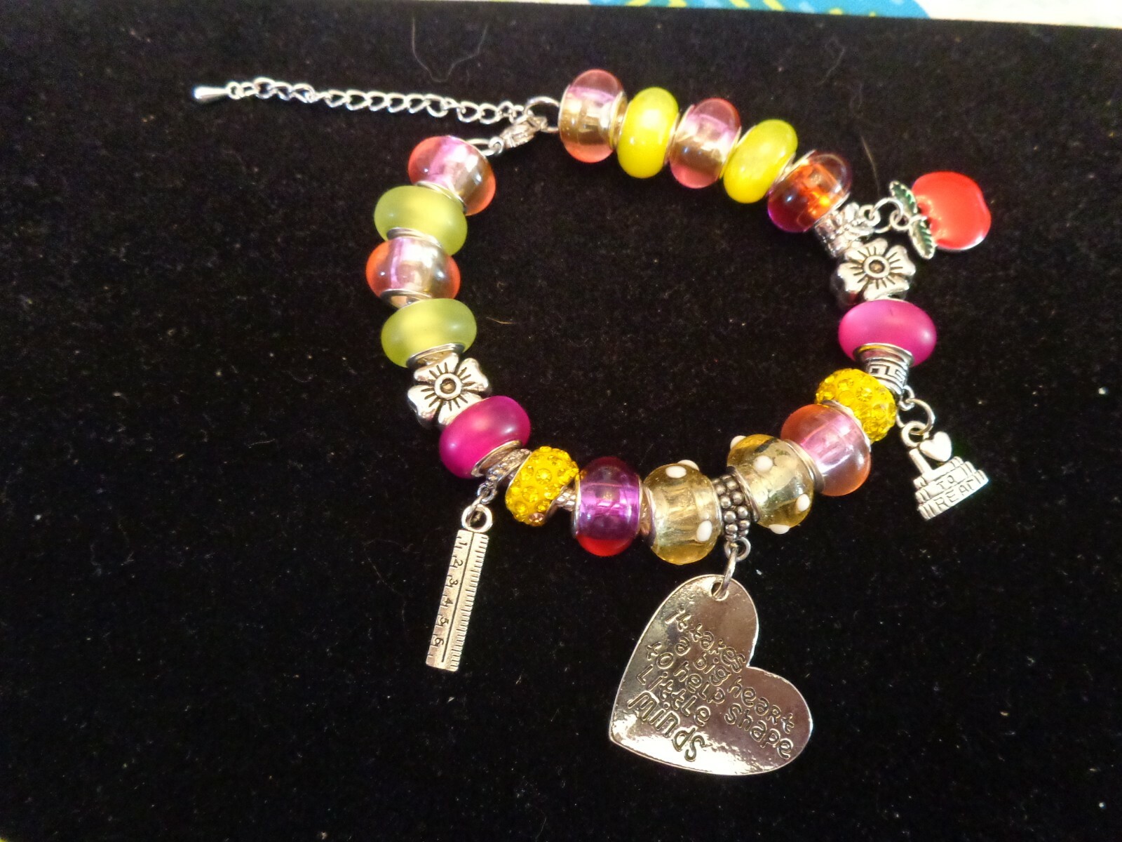 HANDMADE BIG HEART TEACHER TEACHING MURANO EUROPEAN BEADED CHARM SNAKE BRACELET