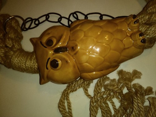 Vintage MACRAME Plant Hanger Boho Fiber Art MCM Ceramic Orange Owl Beads 60s 70s