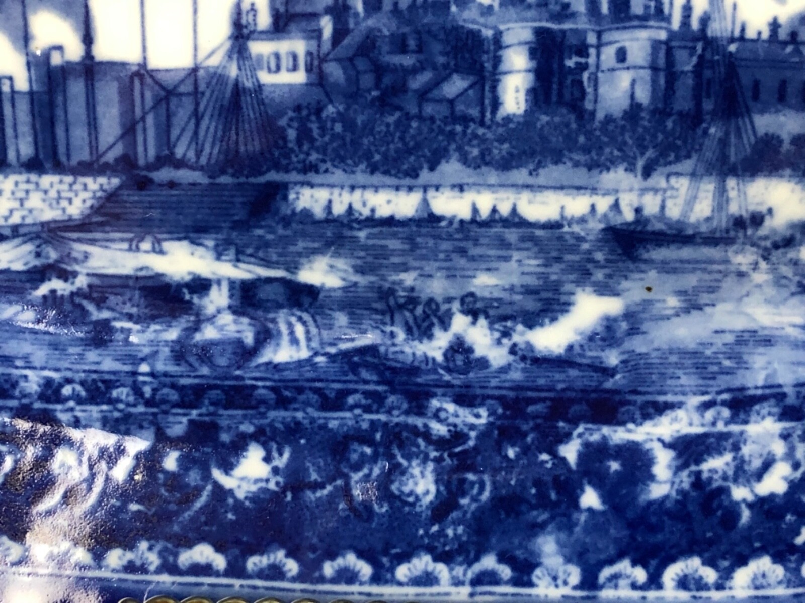 Antique and Gorgeous Blue Flow 11&1/8” Platter Depicts Castle Water Boats& Flags