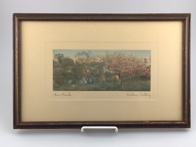 RARE! Wallace Nutting Signed Antique Print, ''Fair Banks'', Pond, Blooming Trees