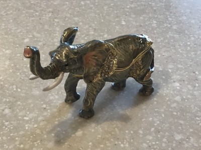 Jeweled Elephant Gray Enamel Trinket Box Hinged Gold Trim Magnetic Closure