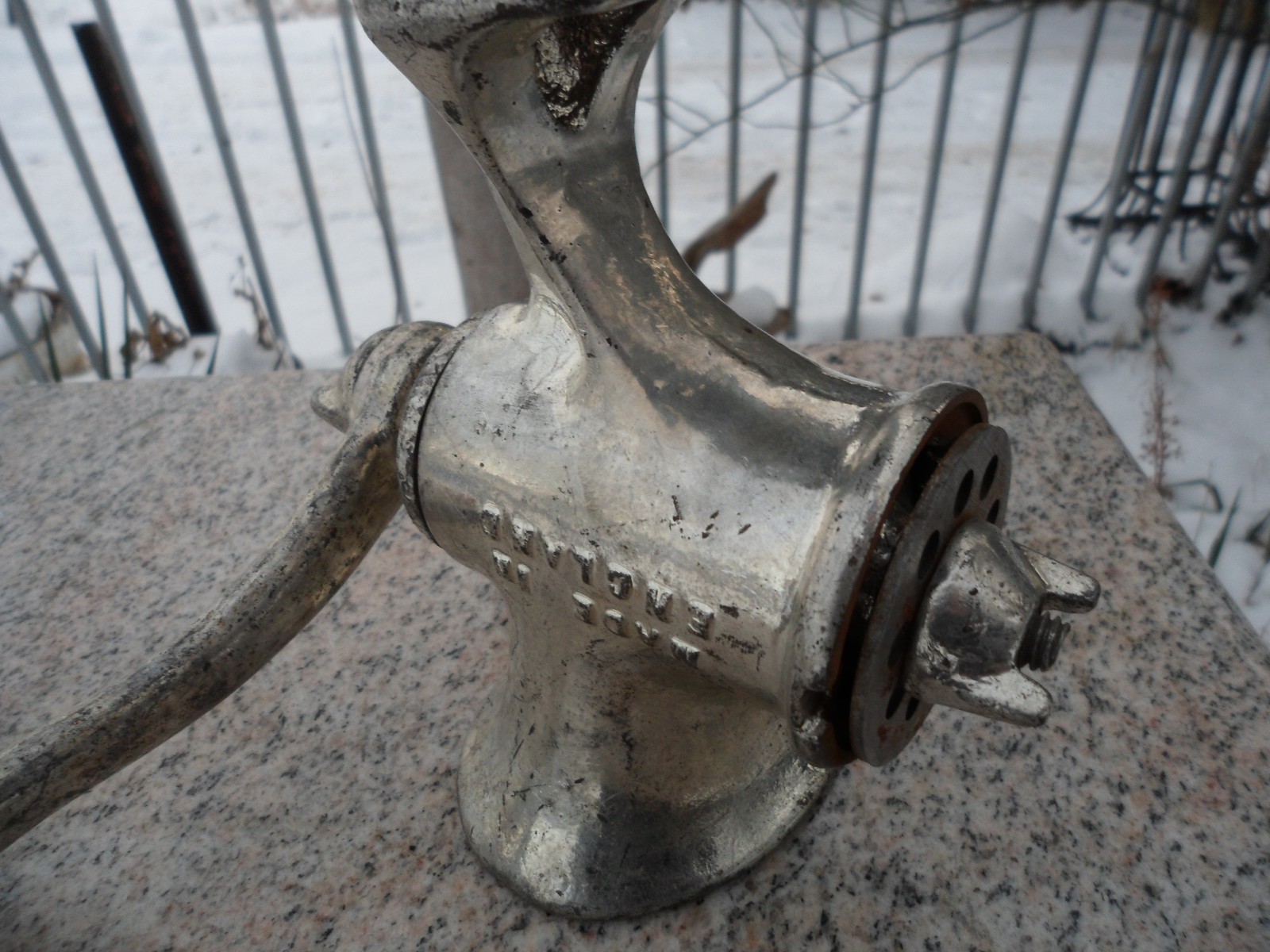 Vintage Meat Grinder Hand Crank Clamp Metal NO #8 Made in England Wood Handle