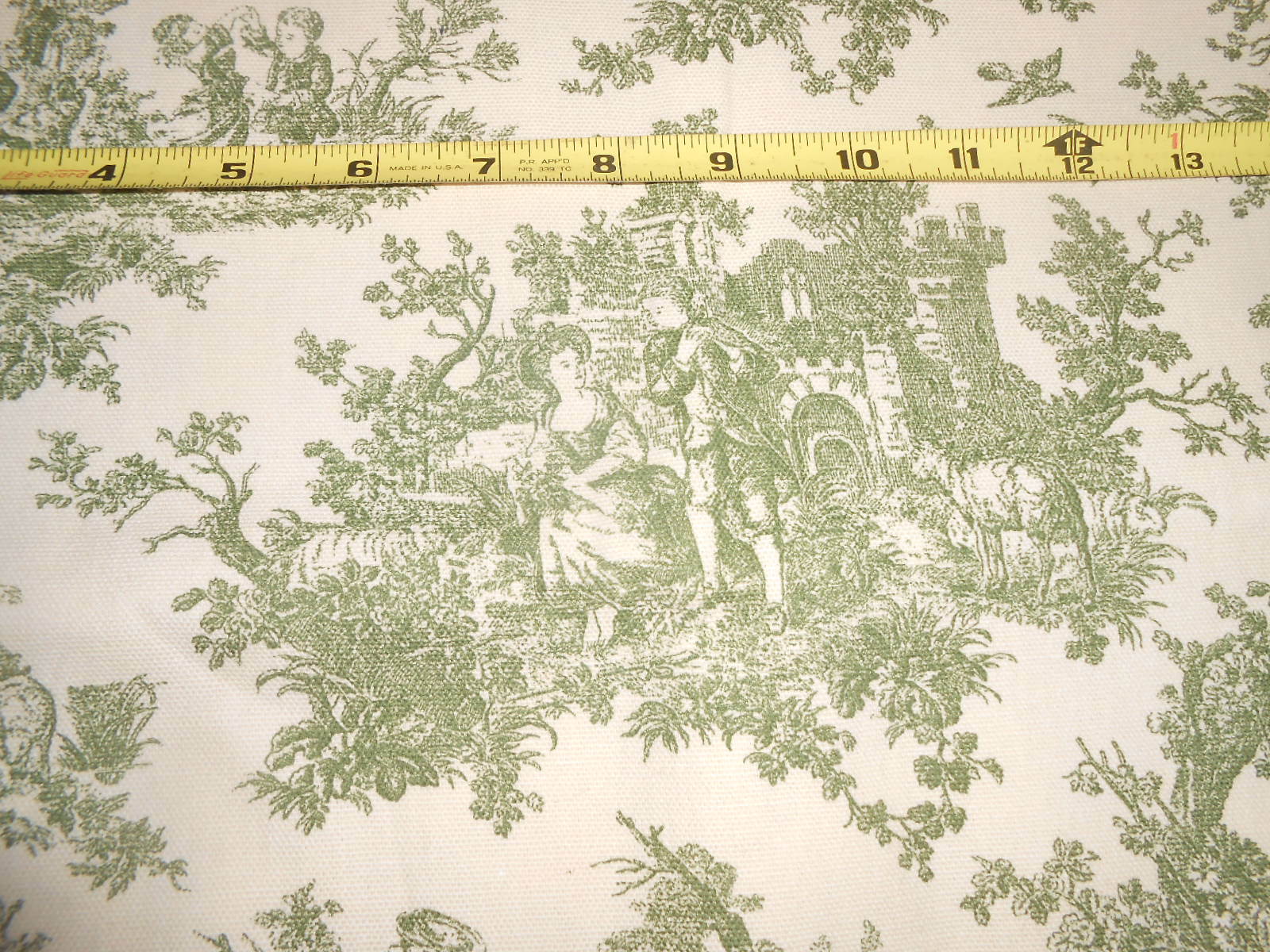 UPHOLSTERY DRAPERY FABRIC TOILE SAGE GREEN CREAM SWEET PASTIMES 55